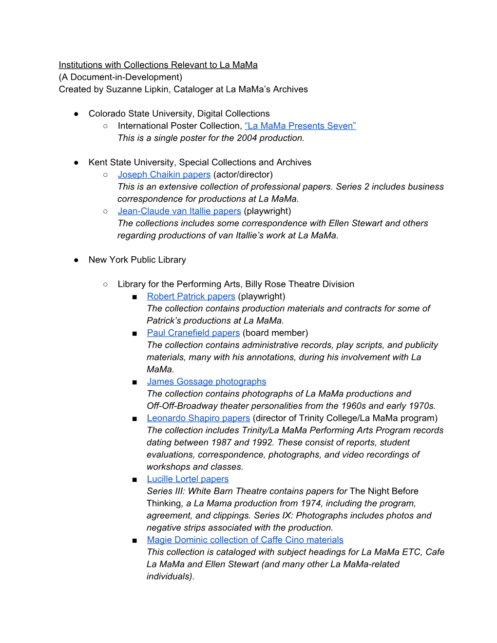 Institutions with Collections Relevant to La Mama (A Document­In­Development) Created by Suzanne Lipkin, Cataloger at La Mama’S Archives