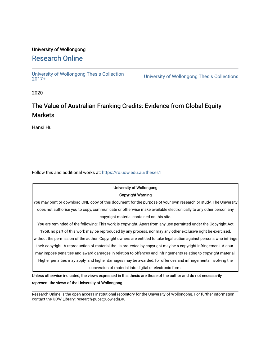 The Value of Australian Franking Credits: Evidence from Global Equity Markets