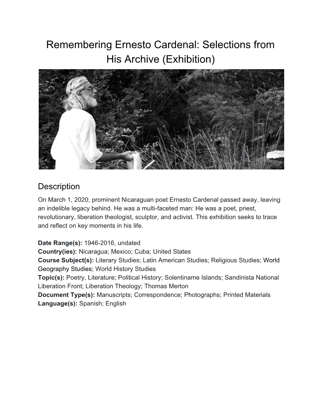 Remembering Ernesto Cardenal: Selections from His Archive (Exhibition)