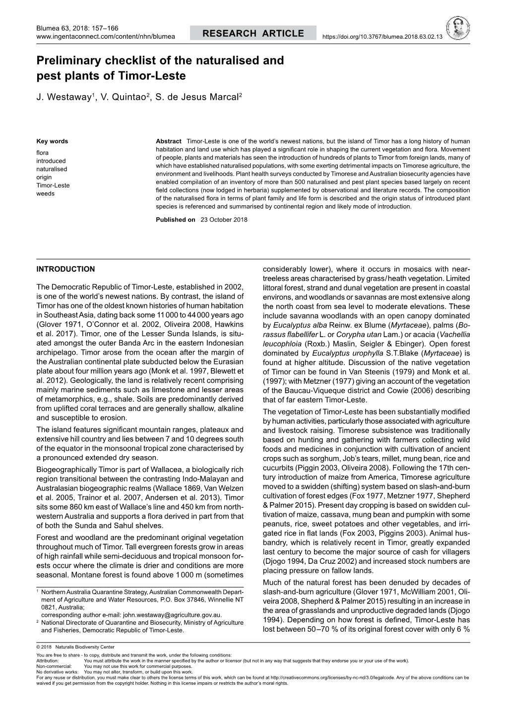 Preliminary Checklist of the Naturalised and Pest Plants of Timor-Leste