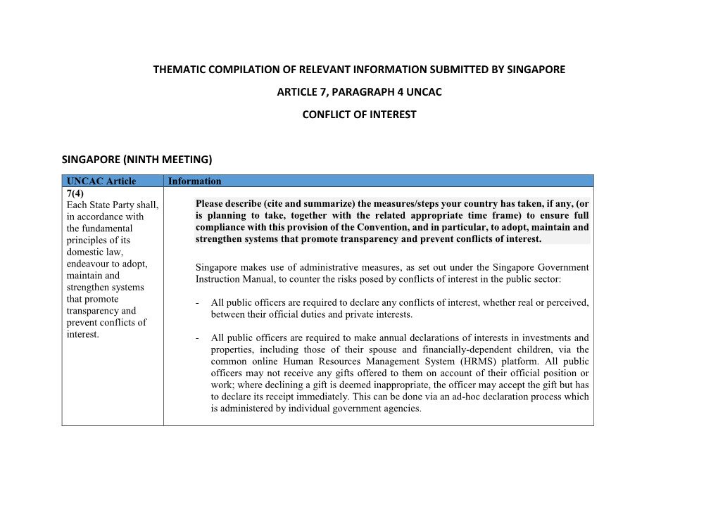 Thematic Compilation of Relevant Information Submitted by Singapore Article 7, Paragraph 4 Uncac Conflict of Interest