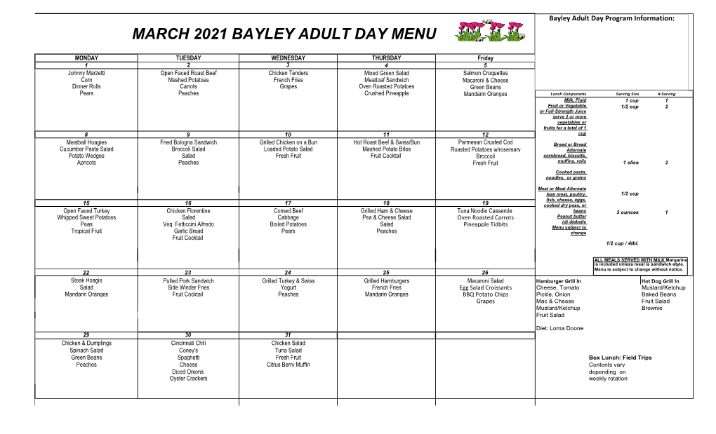 MARCH 2021 BAYLEY ADULT DAY MENU GRILL in on Monday, November 25Th