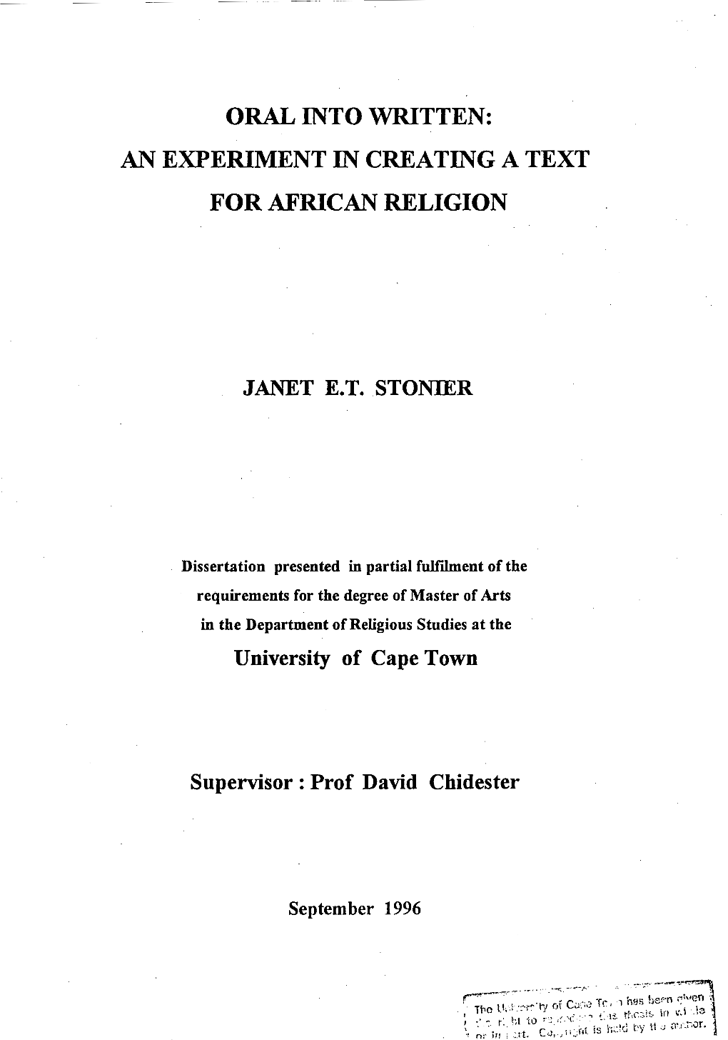 Oral Into Written: an Experiment in Creating a Text for African Religion