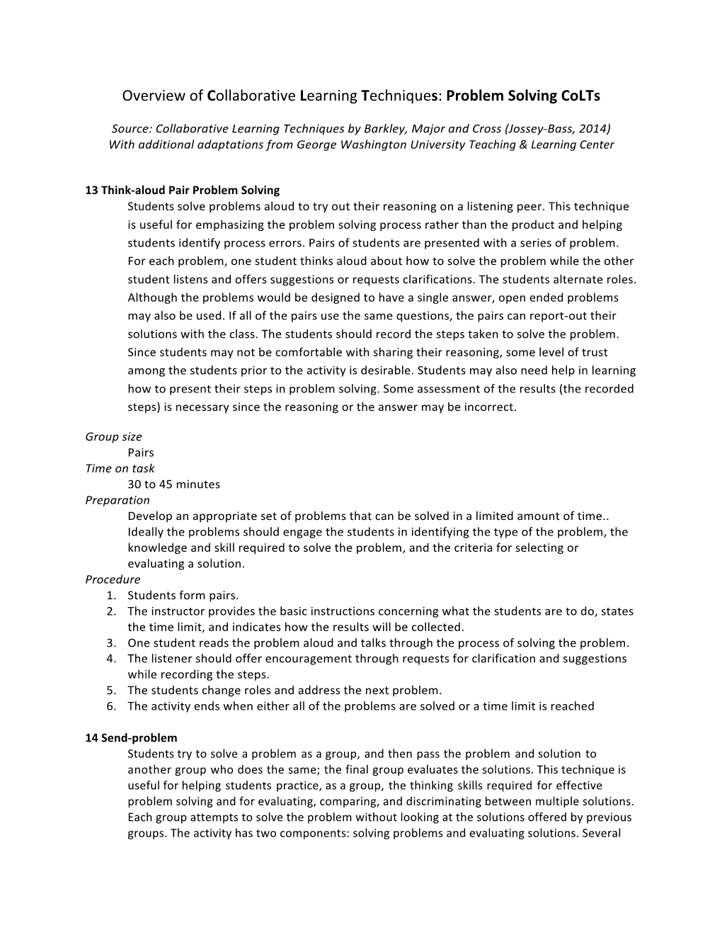 Overview of Collaborative Learning Techniques: Problem Solving Colts