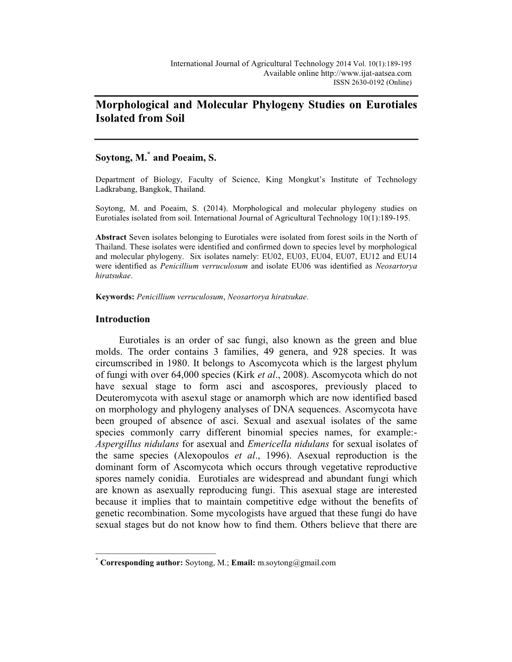 Morphological and Molecular Phylogeny Studies on Eurotiales Isolated from Soil