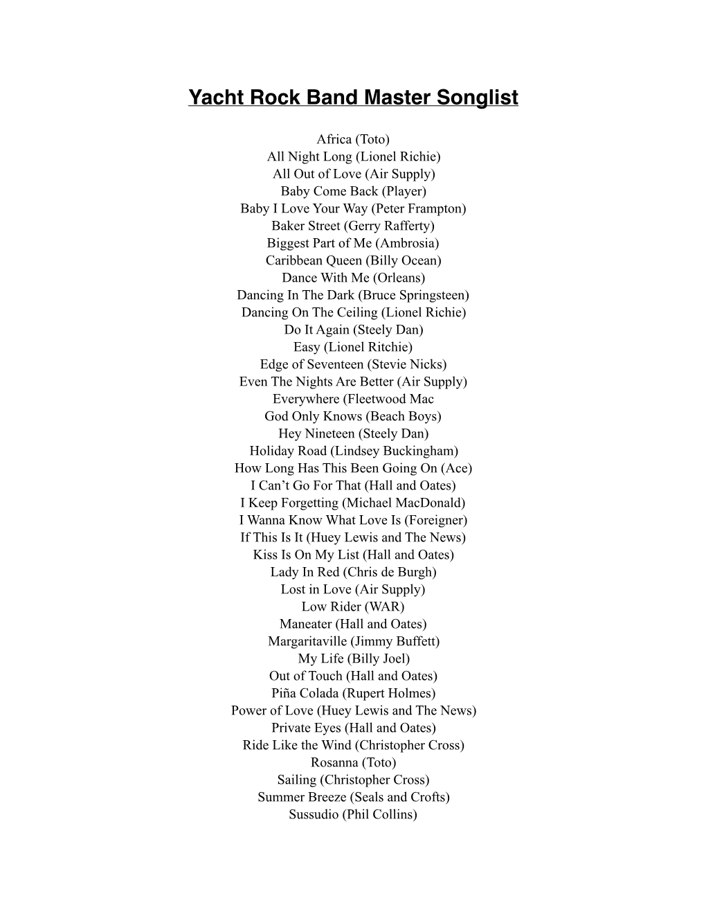 Yacht Rock Song List.Pages