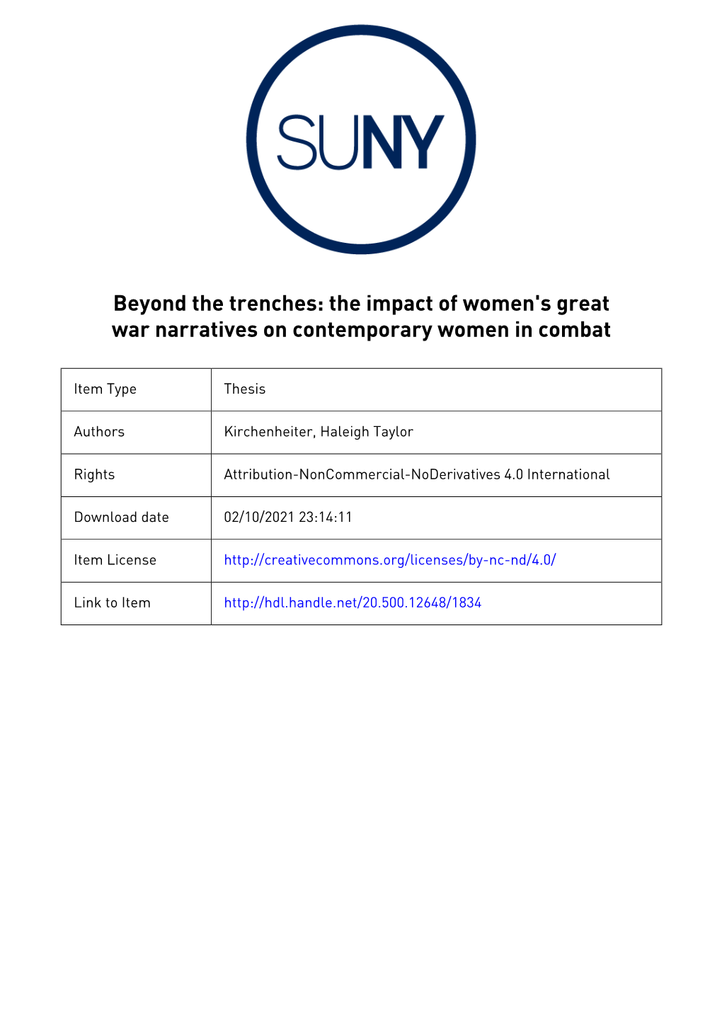 Beyond the Trenches: the Impact of Women's Great War Narratives on Contemporary Women in Combat by Haleigh Taylor Kirchenheit