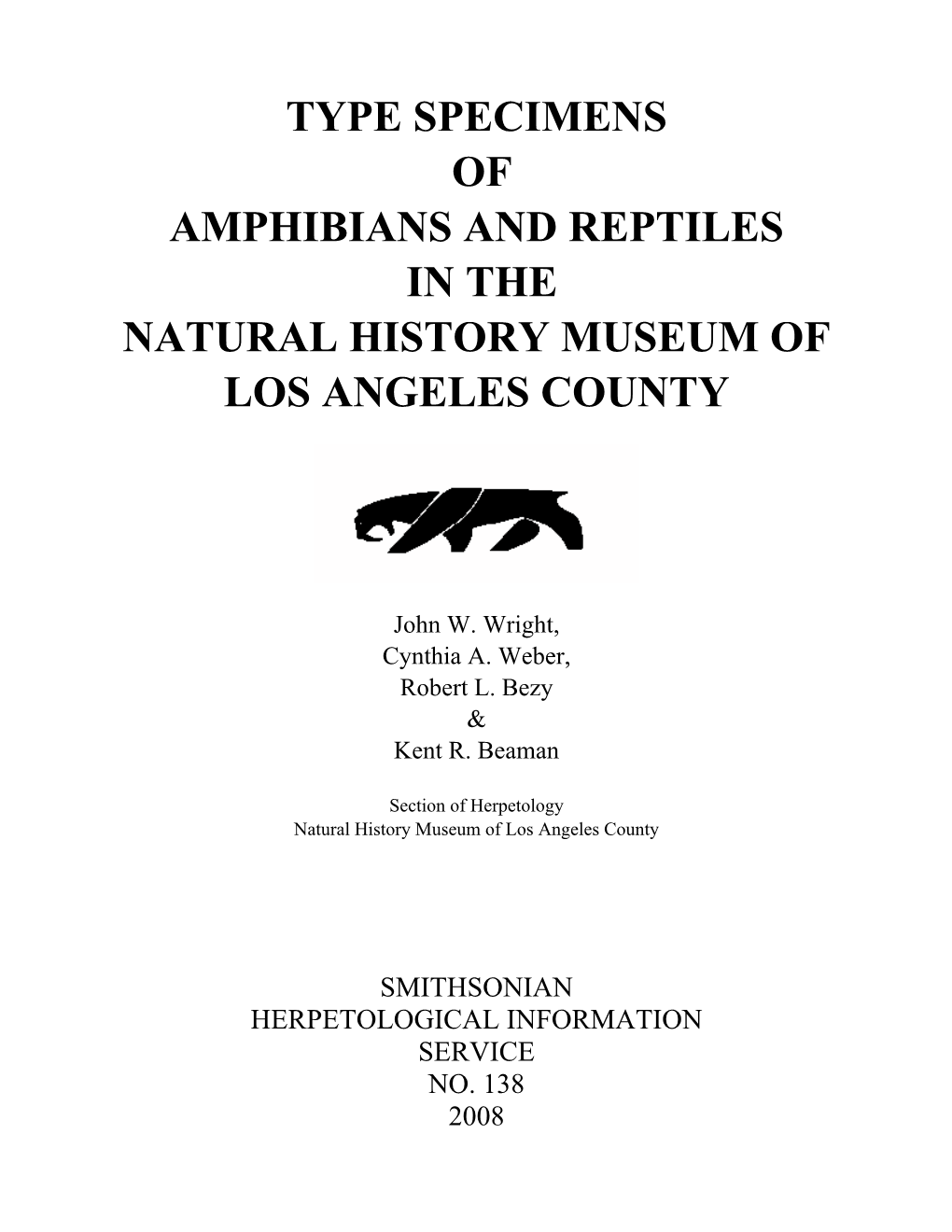 Type Specimens of Amphibians and Reptiles in the Natural History Museum of Los Angeles County