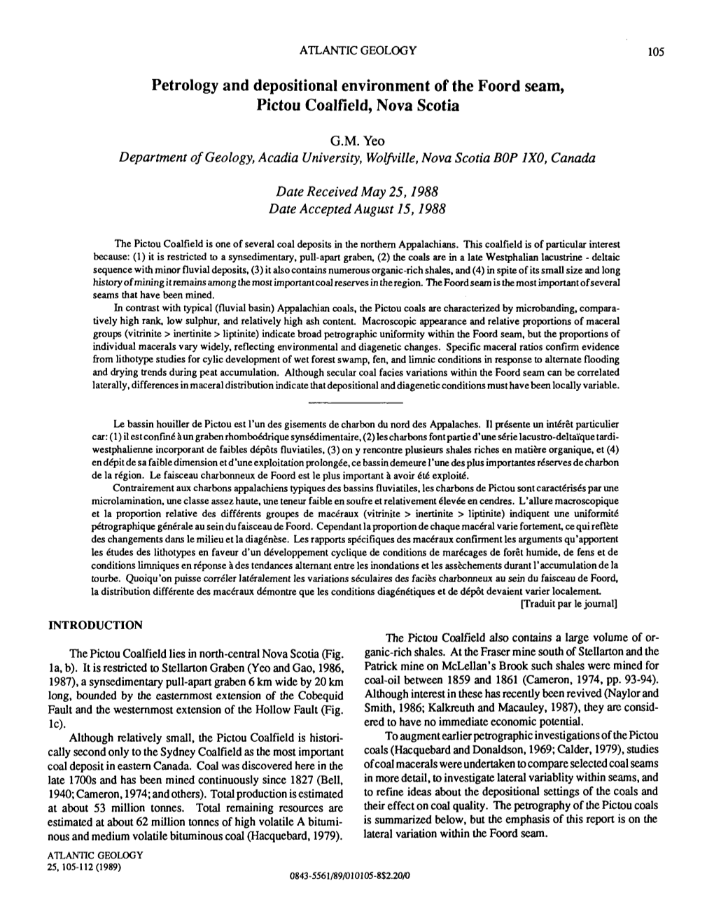 Petrology and Depositional Environment of the Foord Seam, Pictou Coalfield, Nova Scotia