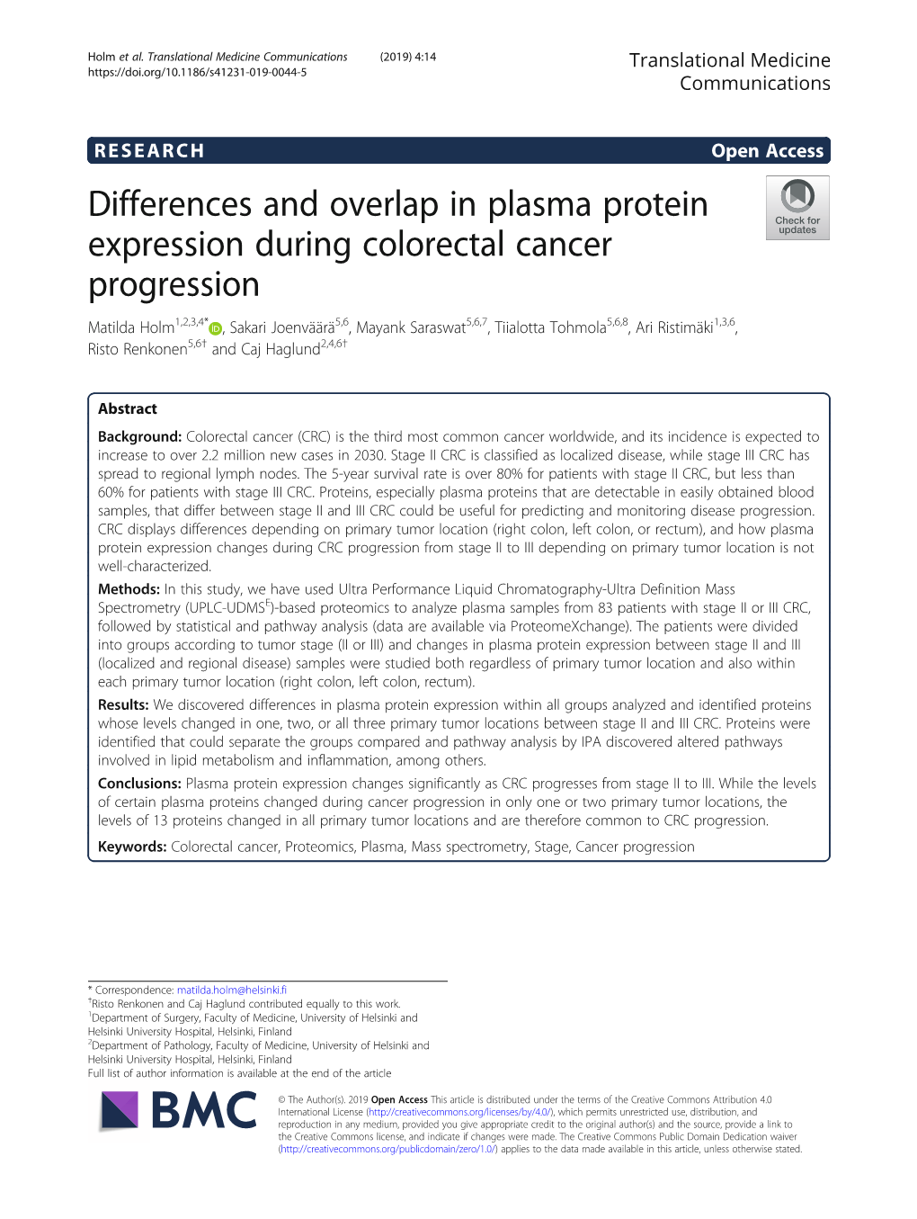 Differences and Overlap in Plasma Protein Expression During Colorectal