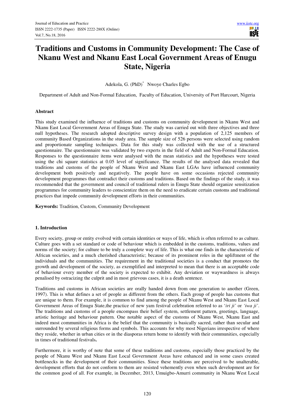 Traditions and Customs in Community Development: the Case of Nkanu West and Nkanu East Local Government Areas of Enugu State, Nigeria