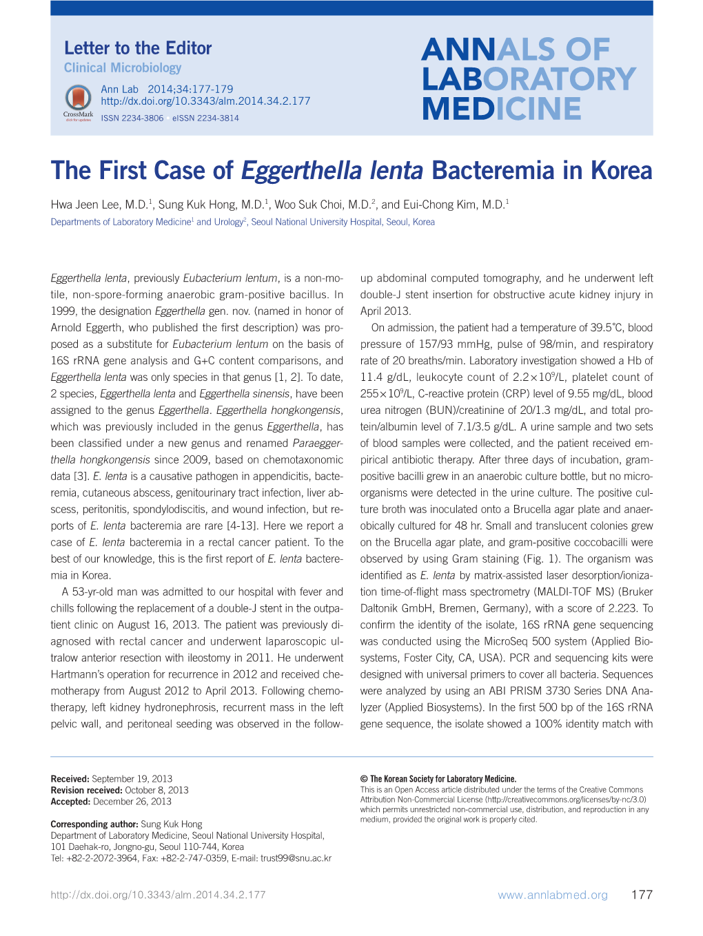 The First Case of Eggerthella Lenta Bacteremia in Korea