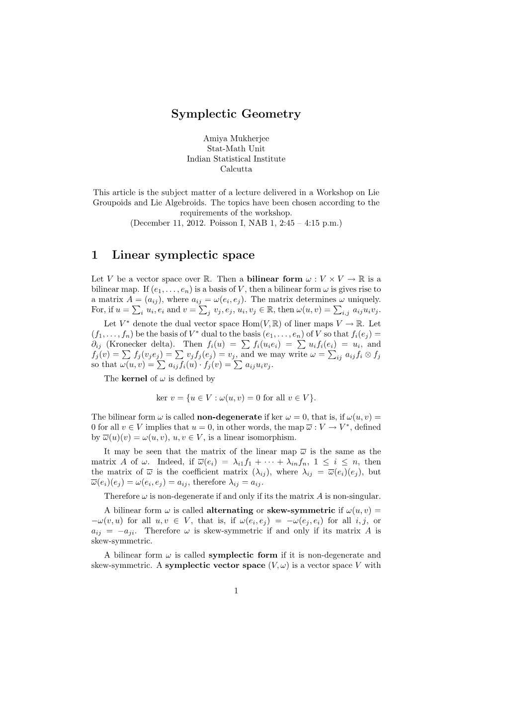 Symplectic Geometry 1 Linear Symplectic Space