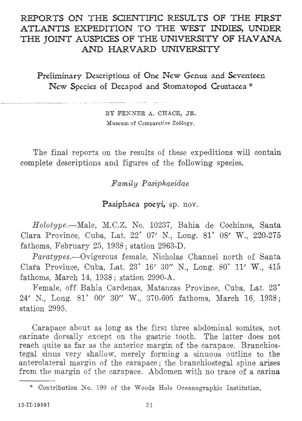 Reports on the Scientific Results of the First Atlantis Expedition to the West Indies, Under the Joint Auspices of the University of Havana and Harvard University