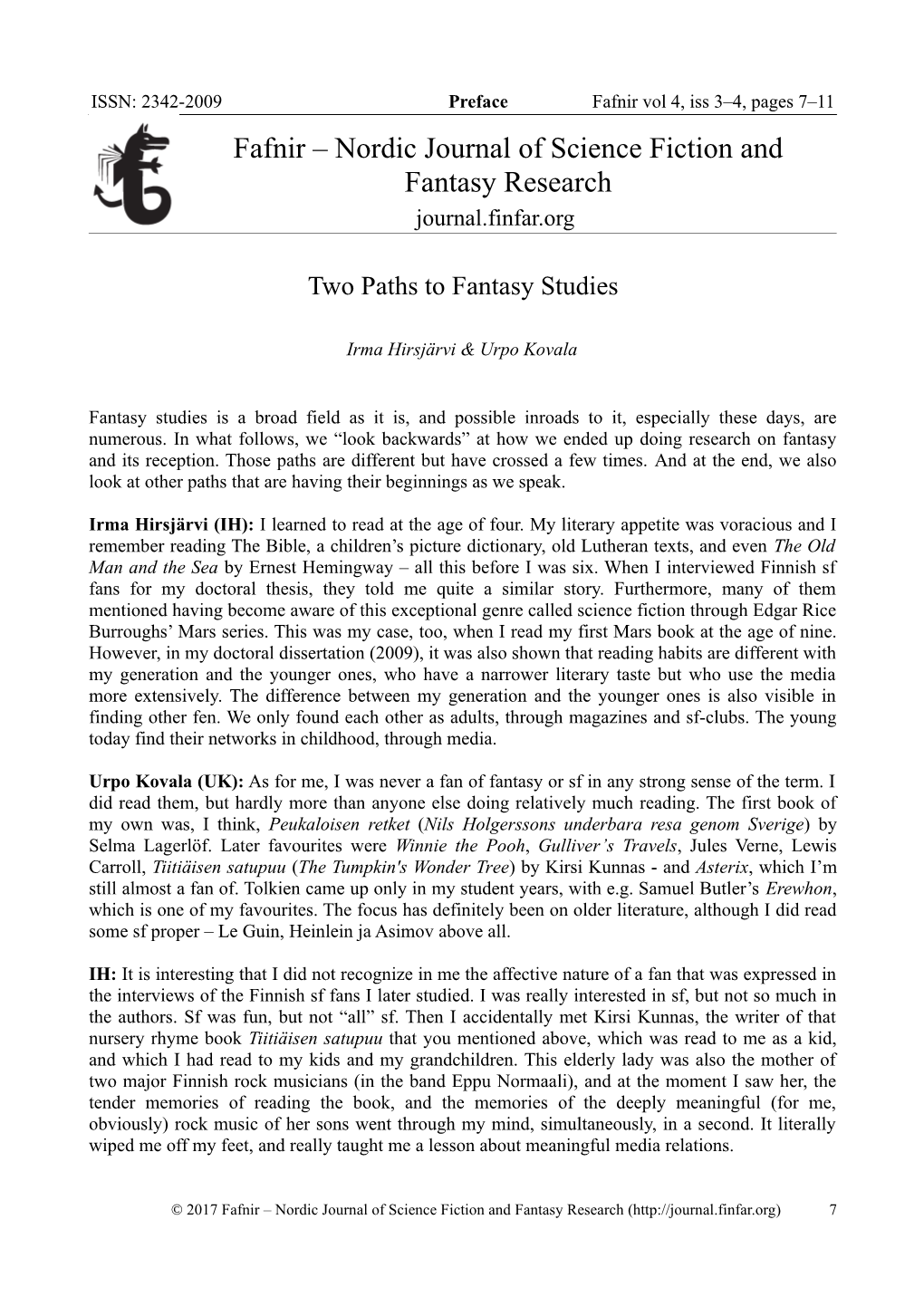 Fafnir – Nordic Journal of Science Fiction and Fantasy Research Journal.Finfar.Org