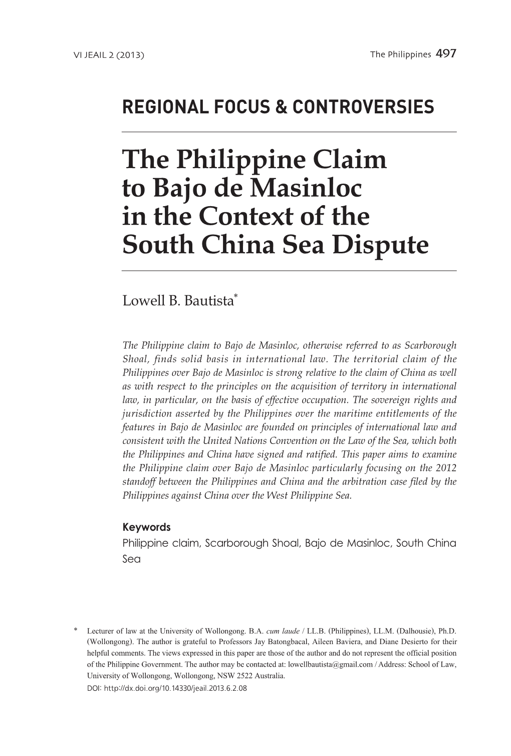 The Philippine Claim to Bajo De Masinloc in the Context of the South China Sea Dispute