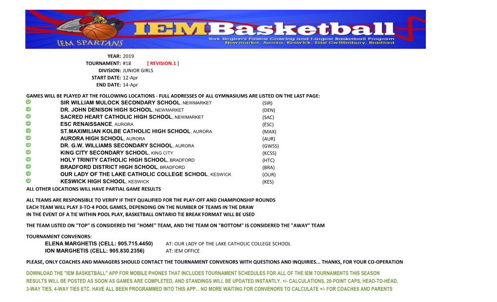 2019 TOURNAMENT: #18 [ REVISION.1 ] DIVISION: JUNIOR GIRLS START DATE: 12-Apr END DATE: 14-Apr