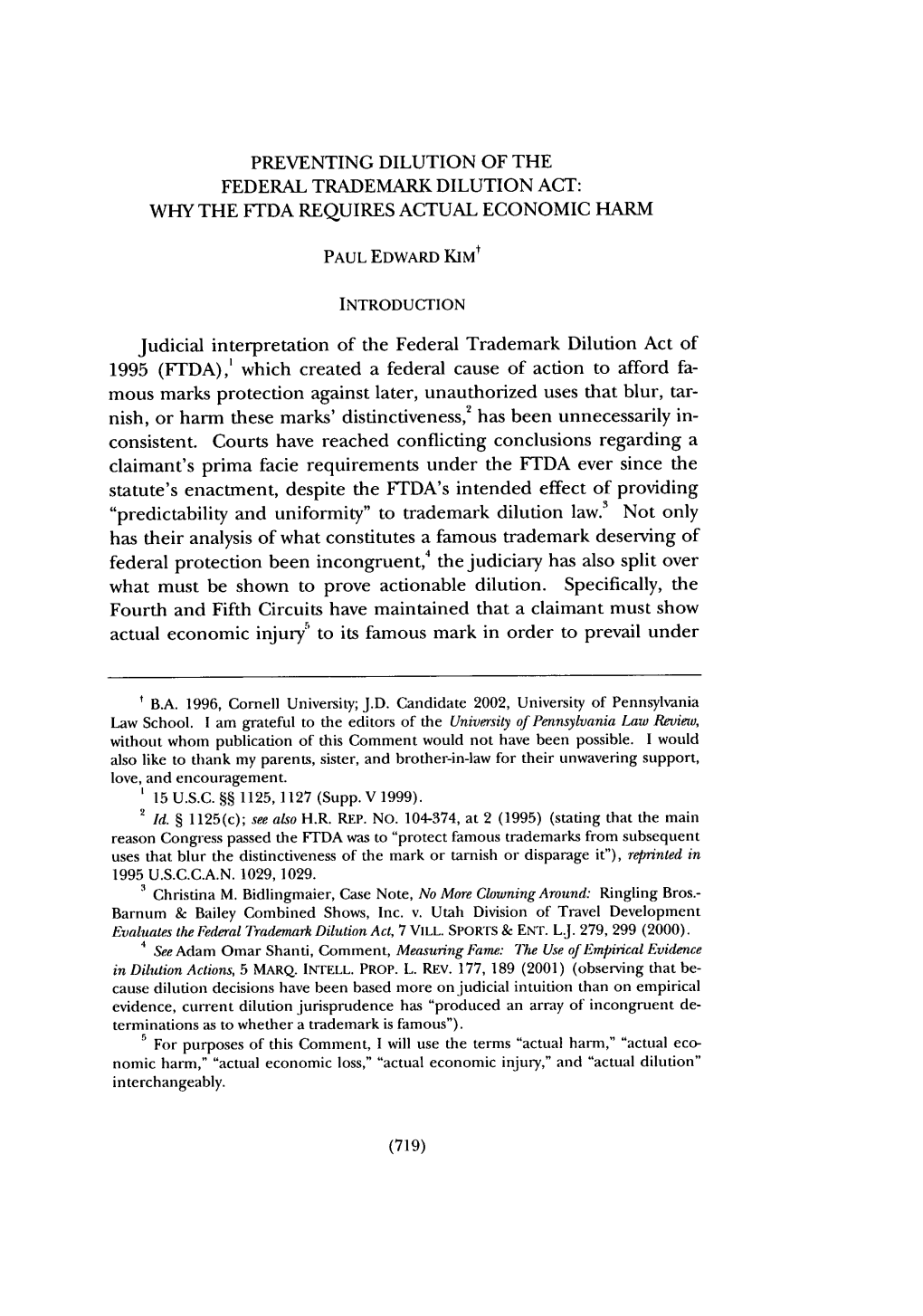 Preventing Dilution of the Federal Trademark Dilution Act: Why the Ftda Requires Actual Economic Harm