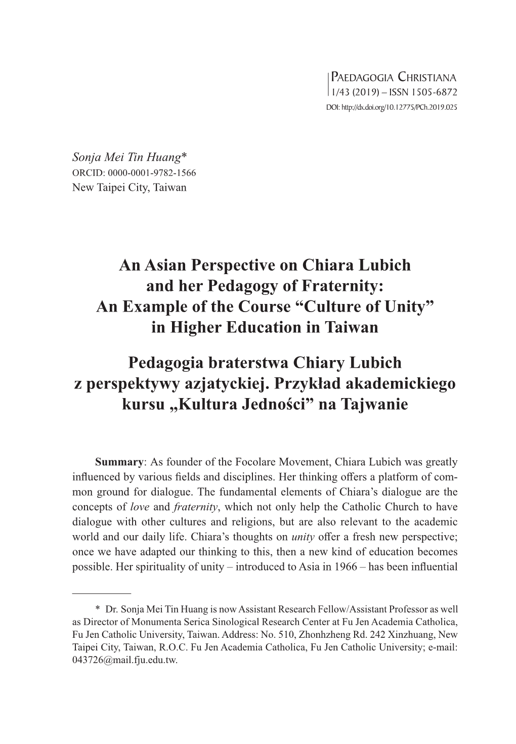 An Asian Perspective on Chiara Lubich and Her Pedagogy of Fraternity: an Example of the Course “Culture of Unity” in Higher Education in Taiwan