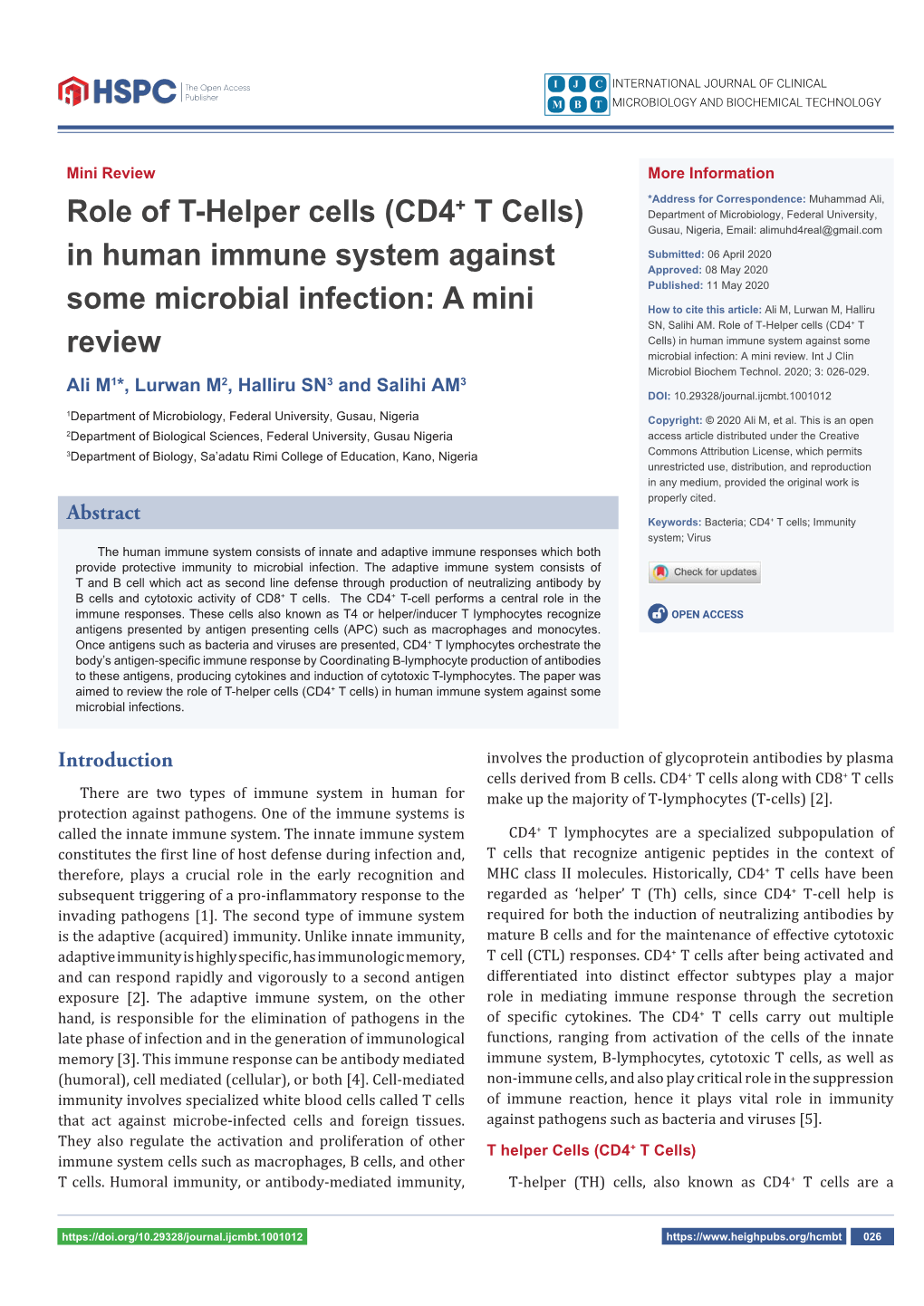 Role of T-Helper Cells (CD4+ T Cells) in Human Immune System Against Some Review Microbial Infection: a Mini Review