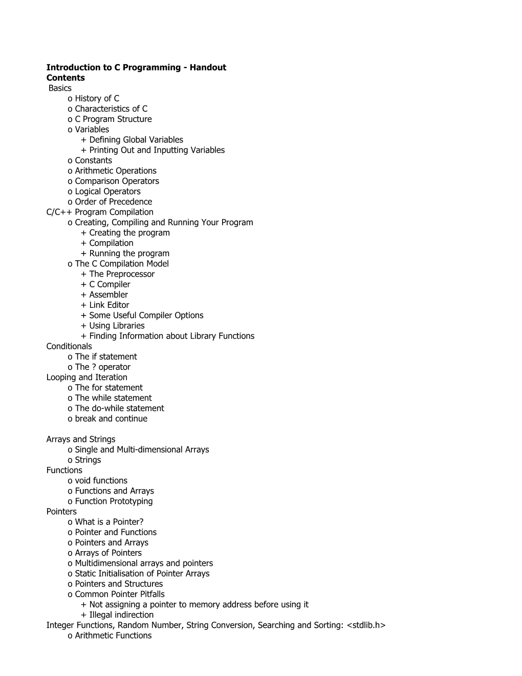 Introduction to C Programming - Handout