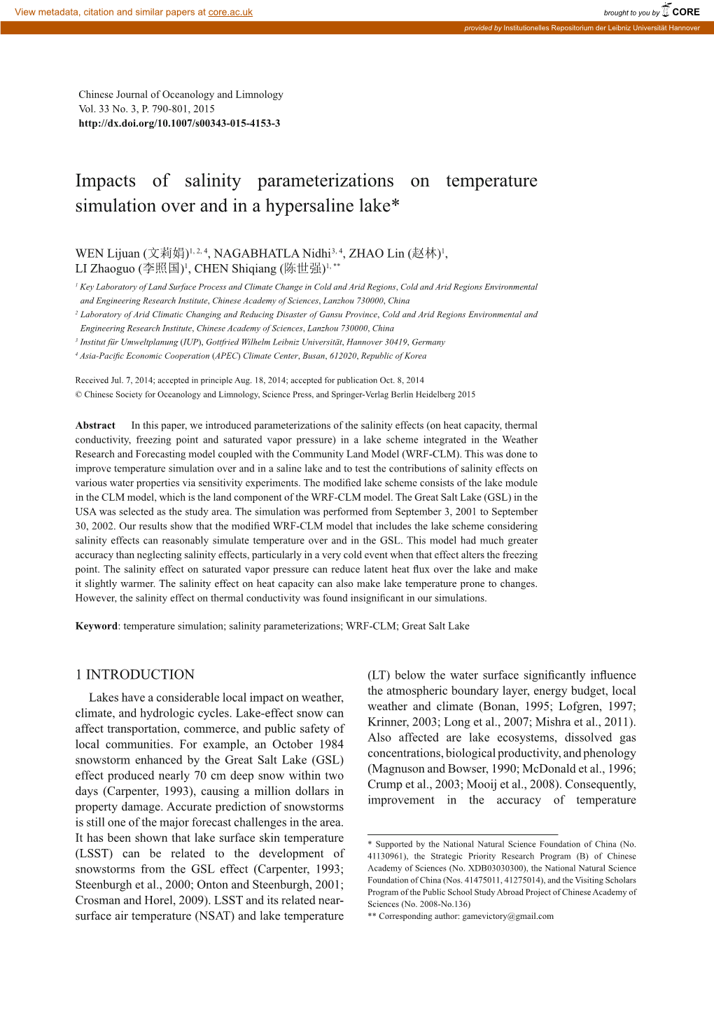 Impacts of Salinity Parameterizations on Temperature Simulation Over and in a Hypersaline Lake*