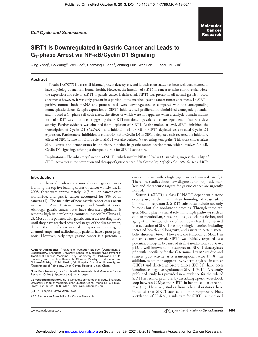 SIRT1 Is Downregulated in Gastric Cancer and Leads to G1-Phase Arrest Via NF- Κb/Cyclin D1 Signaling