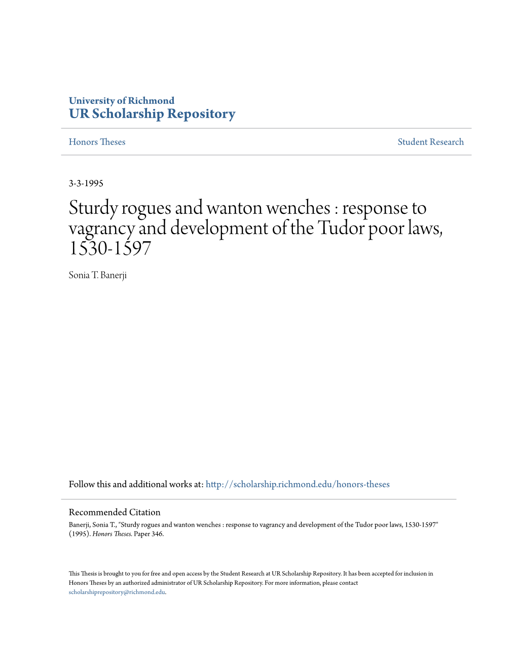 Response to Vagrancy and Development of the Tudor Poor Laws, 1530-1597 Sonia T