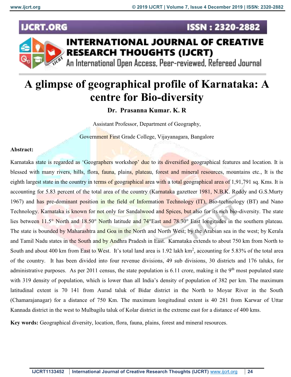 A Glimpse of Geographical Profile of Karnataka: a Centre for Bio-Diversity Dr