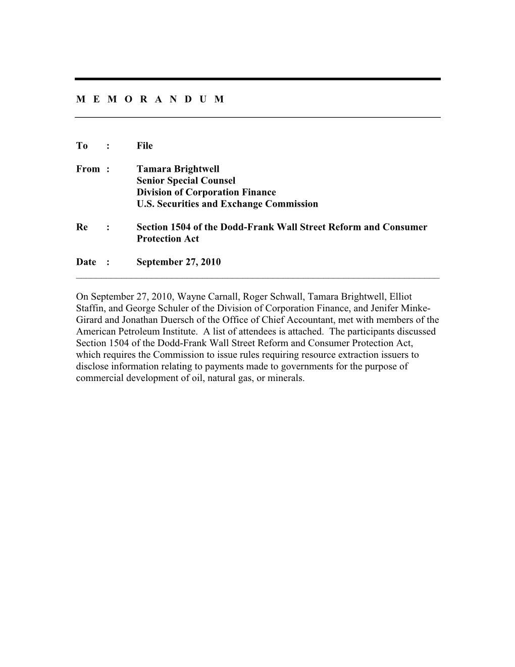 Memorandum from the Division of Corporation Finance Regarding a September 27, 2010, Meeting with Members of the American Petrole