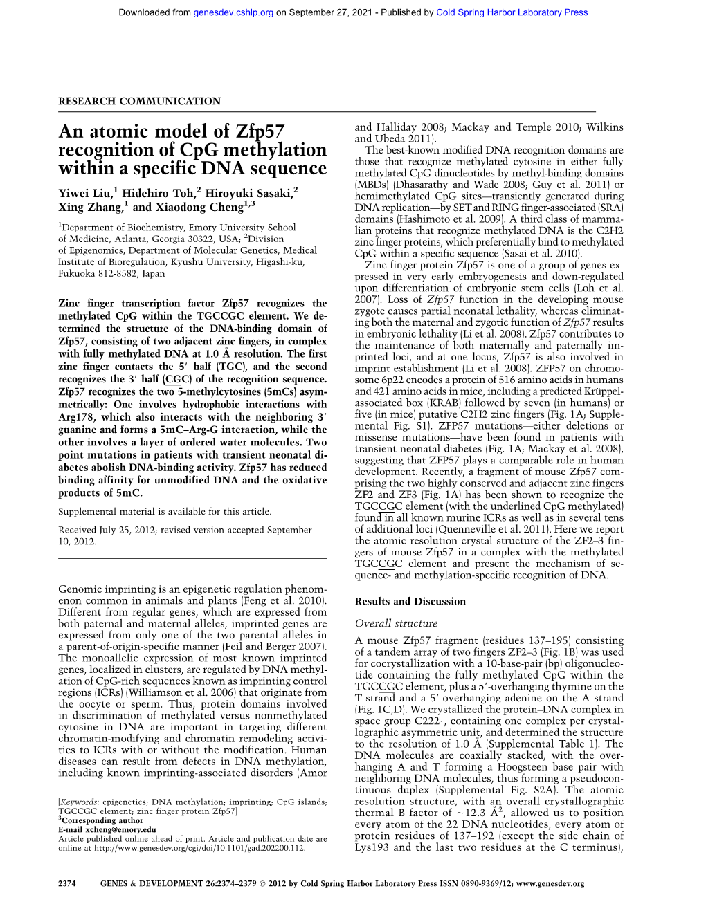 An Atomic Model of Zfp57 Recognition of Cpg Methylation Within a Specific DNA Sequence