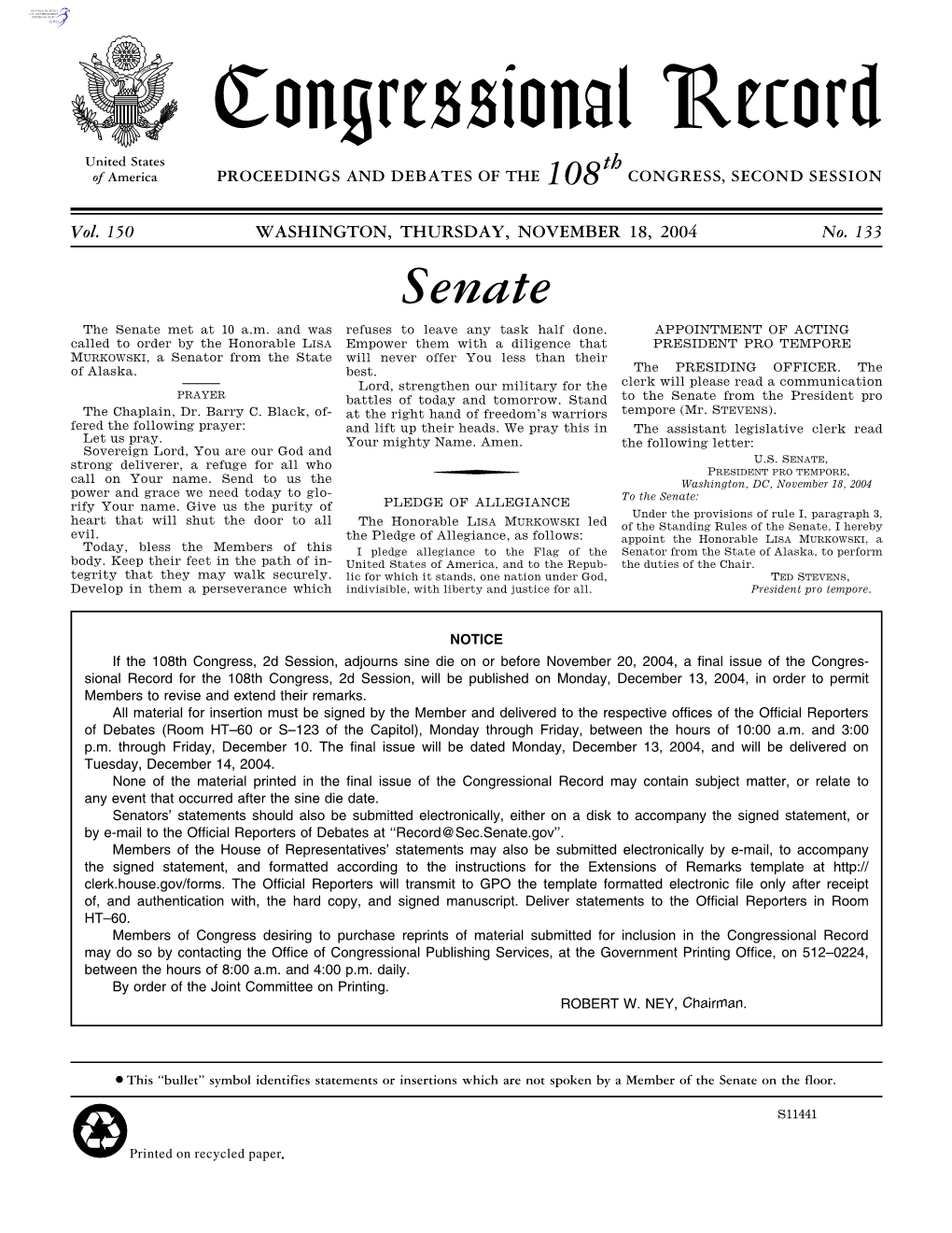 Congressional Record United States Th of America PROCEEDINGS and DEBATES of the 108 CONGRESS, SECOND SESSION