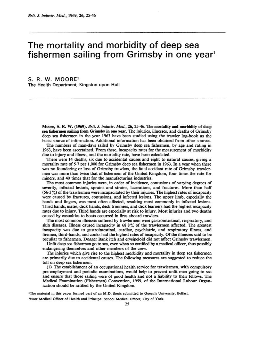 The Mortality and Morbidity of Deep Sea Fishermen Sailing from Grimsby in One Year1