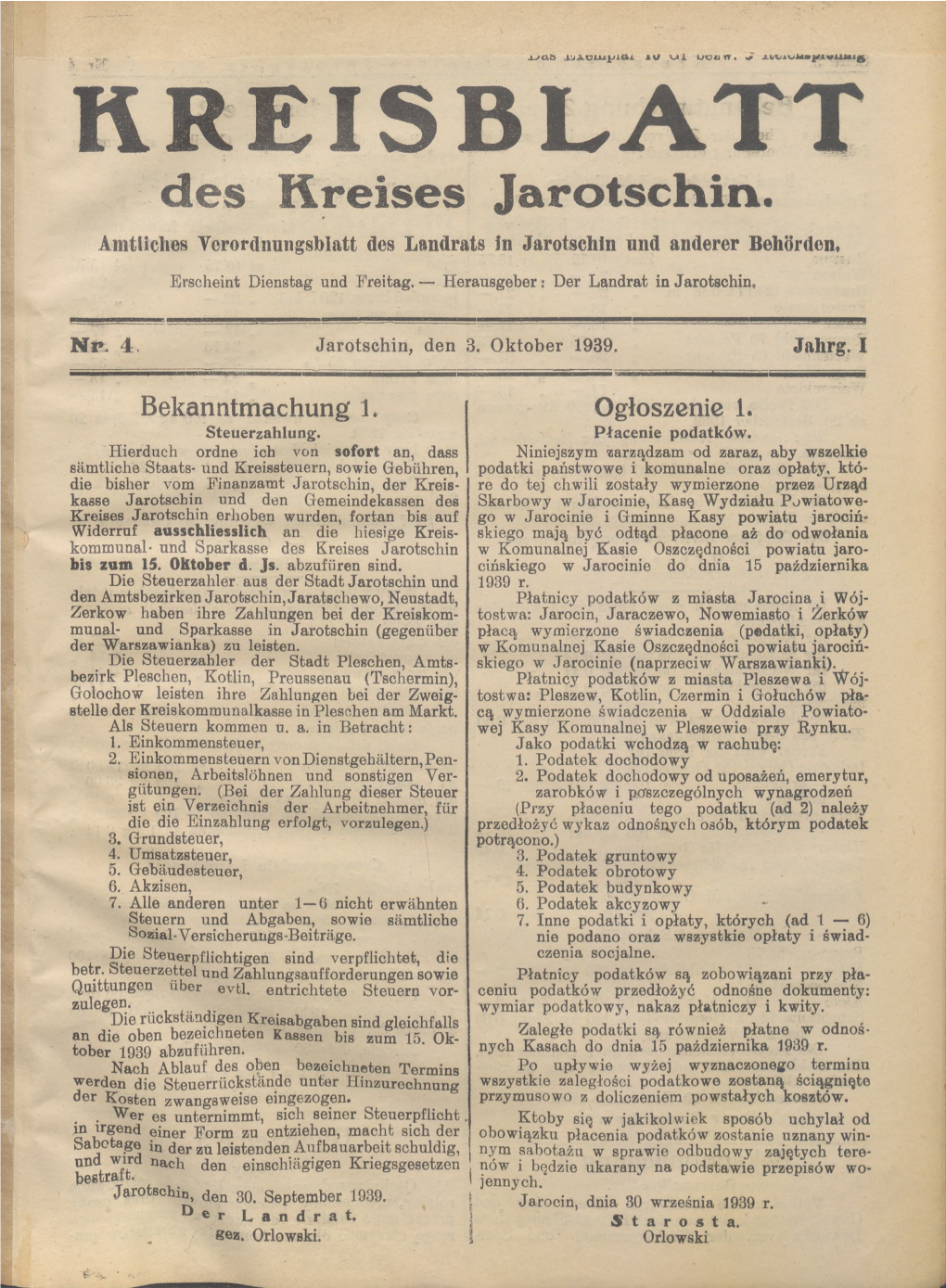 Des Lireises Jarotschin. Amtliclies Vcrordnungsblatt Des Landrats in Jarotschin Und Anderer Behorden