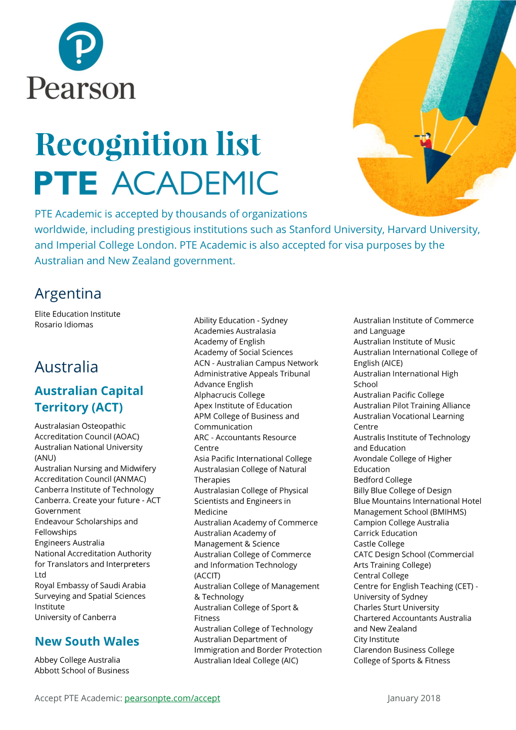 PTE Recognition List of Instituitions