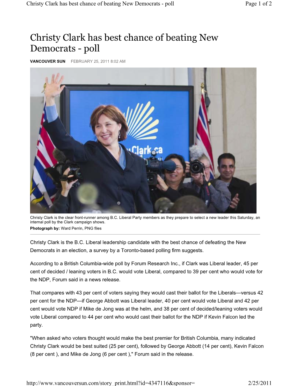 Christy Clark Has Best Chance of Beating New Democrats - Poll Page 1 of 2