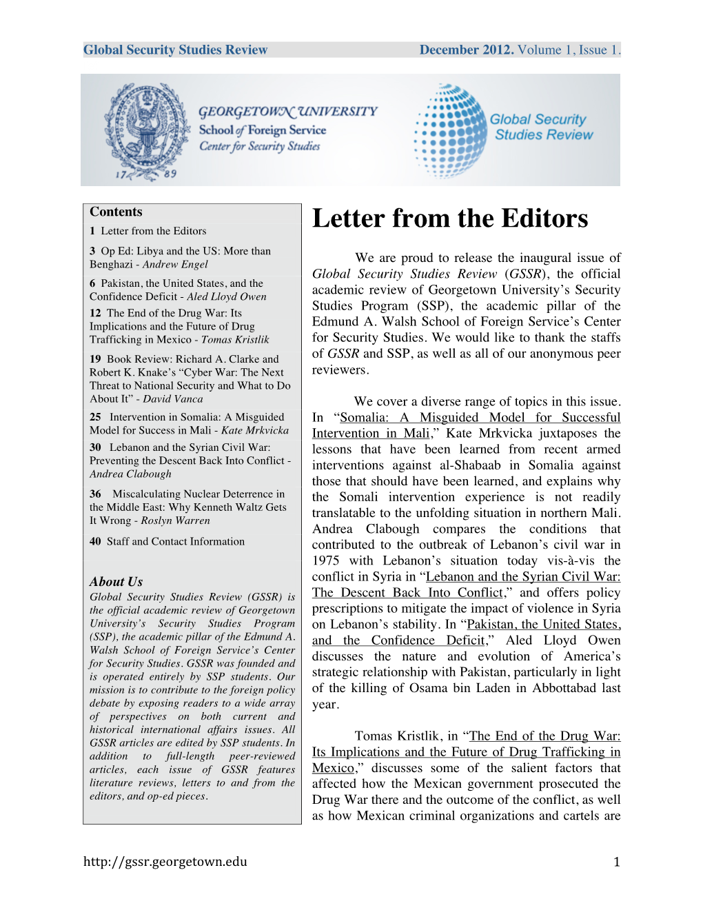 Letter from the Editors Letter from the Editors