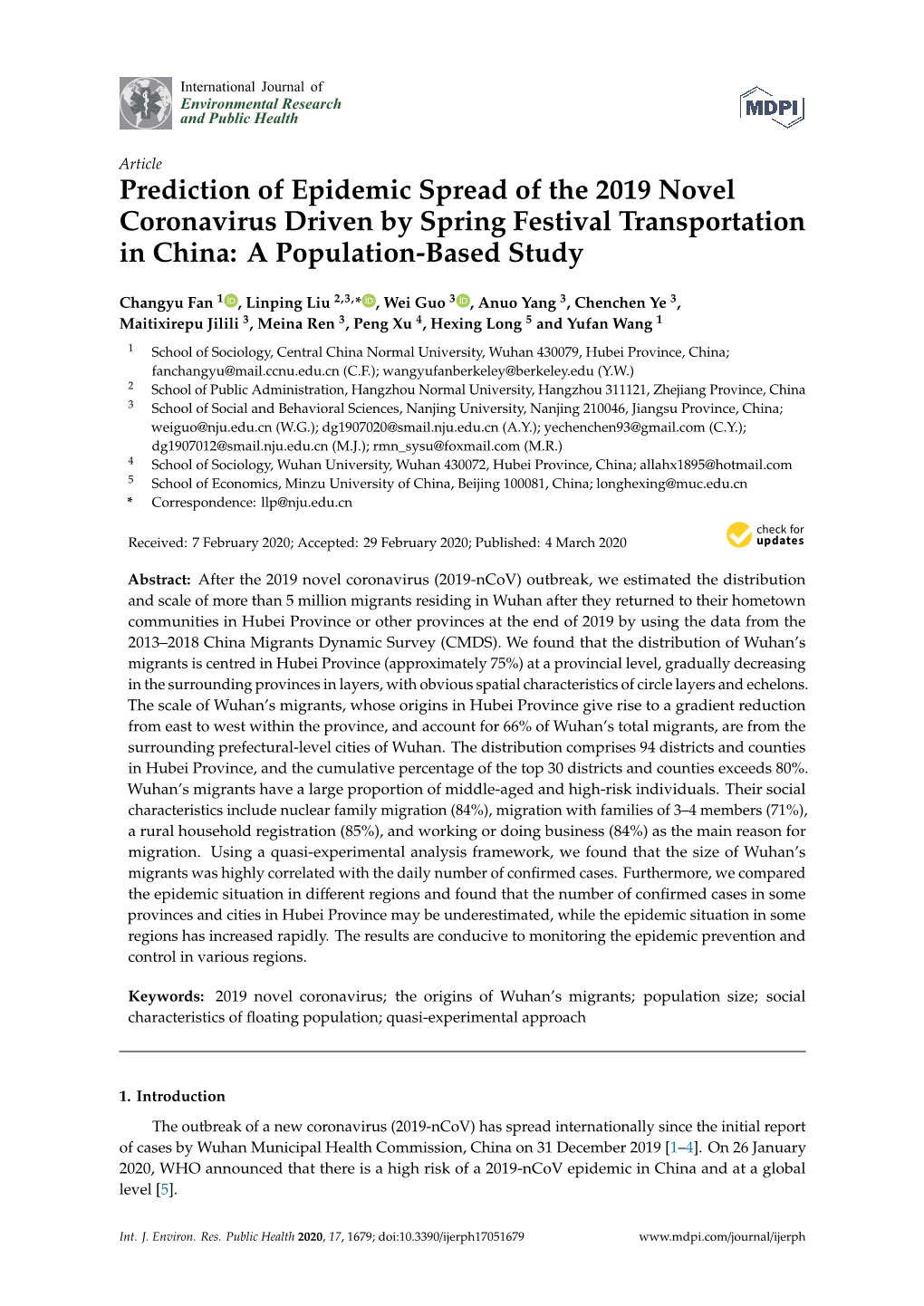 Prediction of Epidemic Spread of the 2019 Novel Coronavirus Driven by Spring Festival Transportation in China: a Population-Based Study