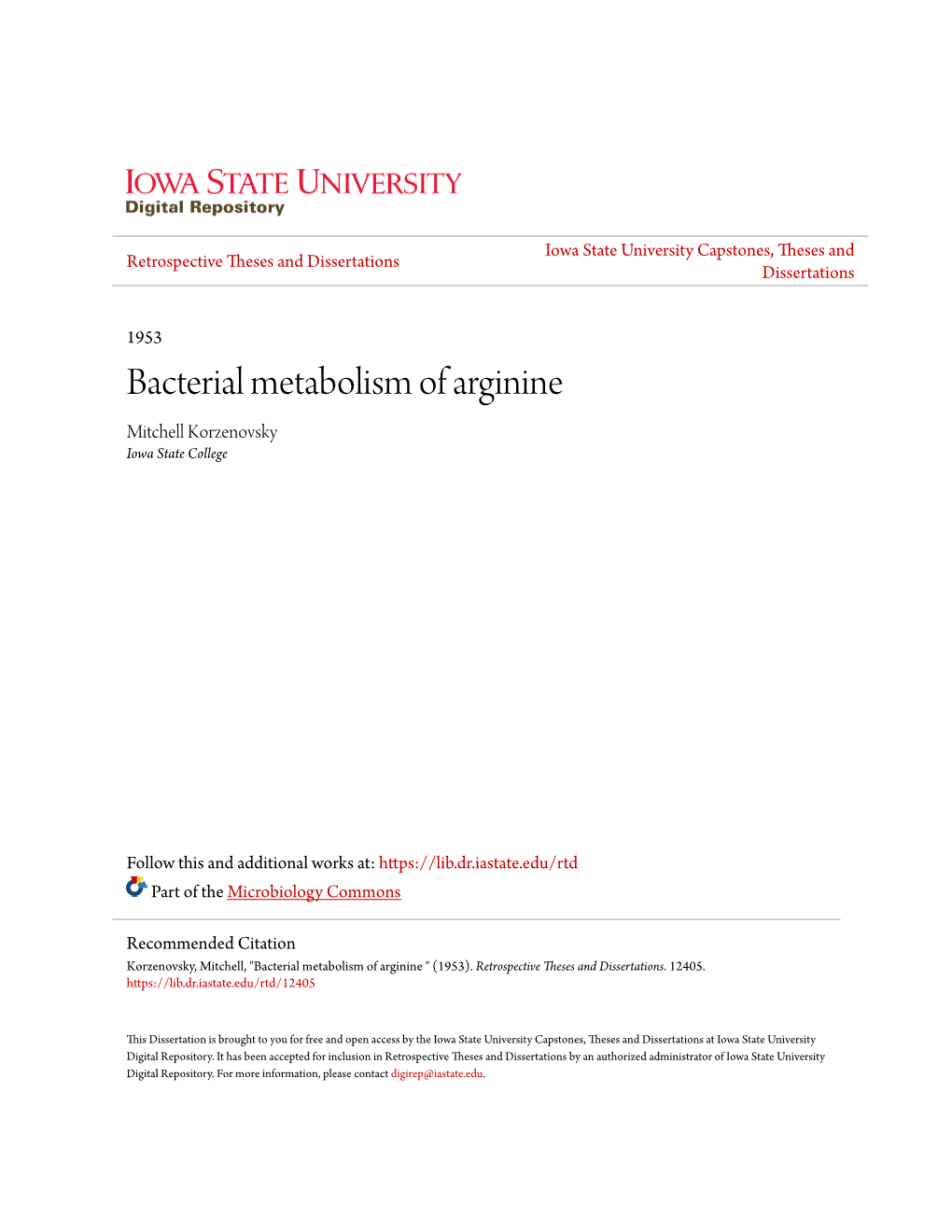 Bacterial Metabolism of Arginine Mitchell Korzenovsky Iowa State College