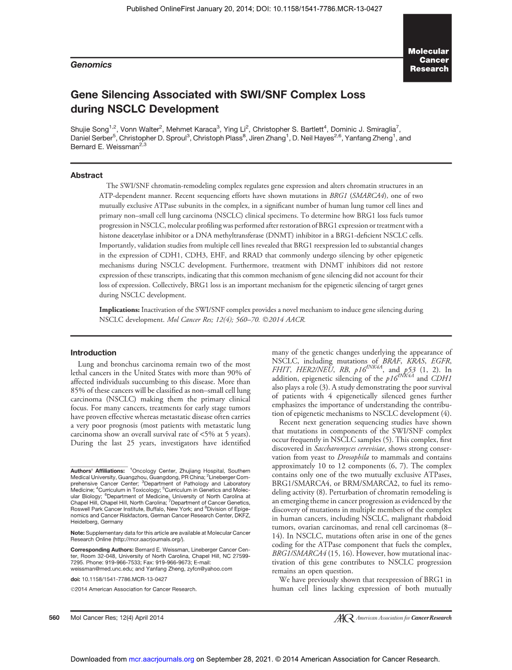 Gene Silencing Associated with SWI/SNF Complex Loss During NSCLC Development