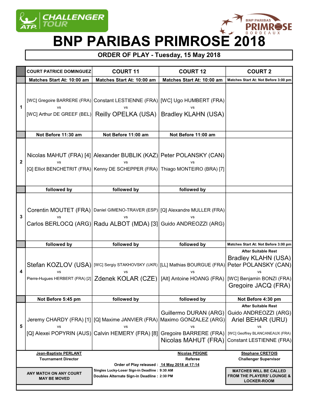 BNP PARIBAS PRIMROSE 2018 ORDER of PLAY - Tuesday, 15 May 2018