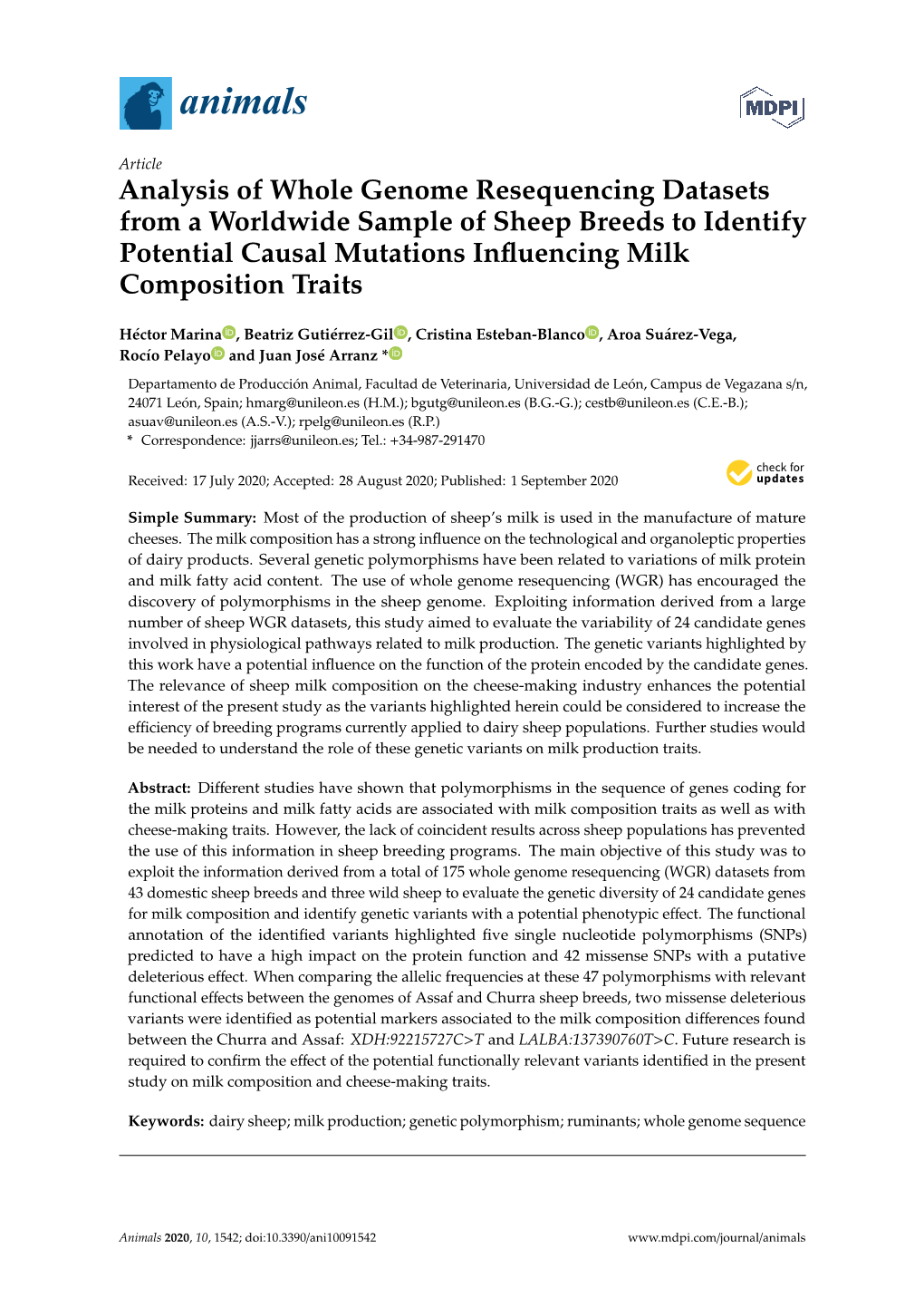 Analysis of Whole Genome Resequencing Datasets from a Worldwide Sample of Sheep Breeds to Identify Potential Causal Mutations Inﬂuencing Milk Composition Traits