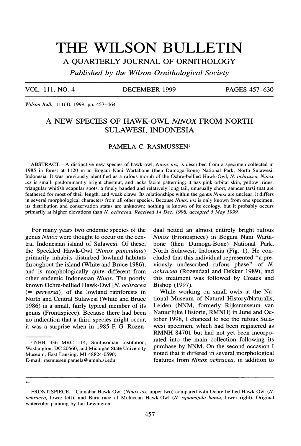 A New Species of Hawk-Owl Ninox from North Sulawesi, Indonesia