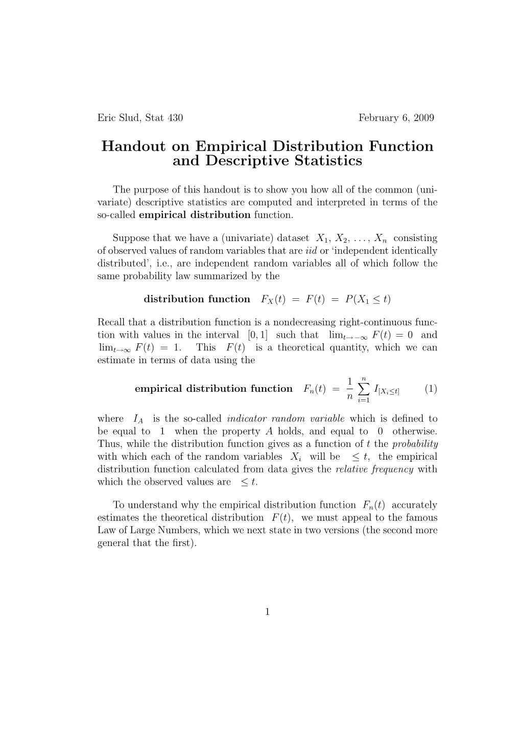 Empirical Distribution Function and Descriptive Statistics