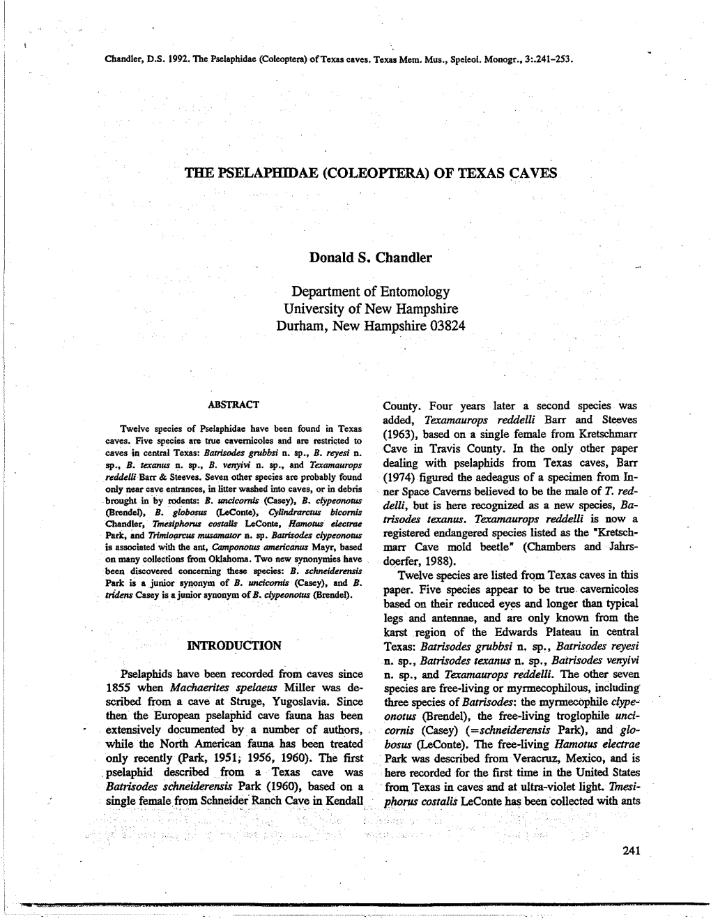 THE PSELAPHIDAE (COLEOPI'era) of TEXAS CAVES Donald S