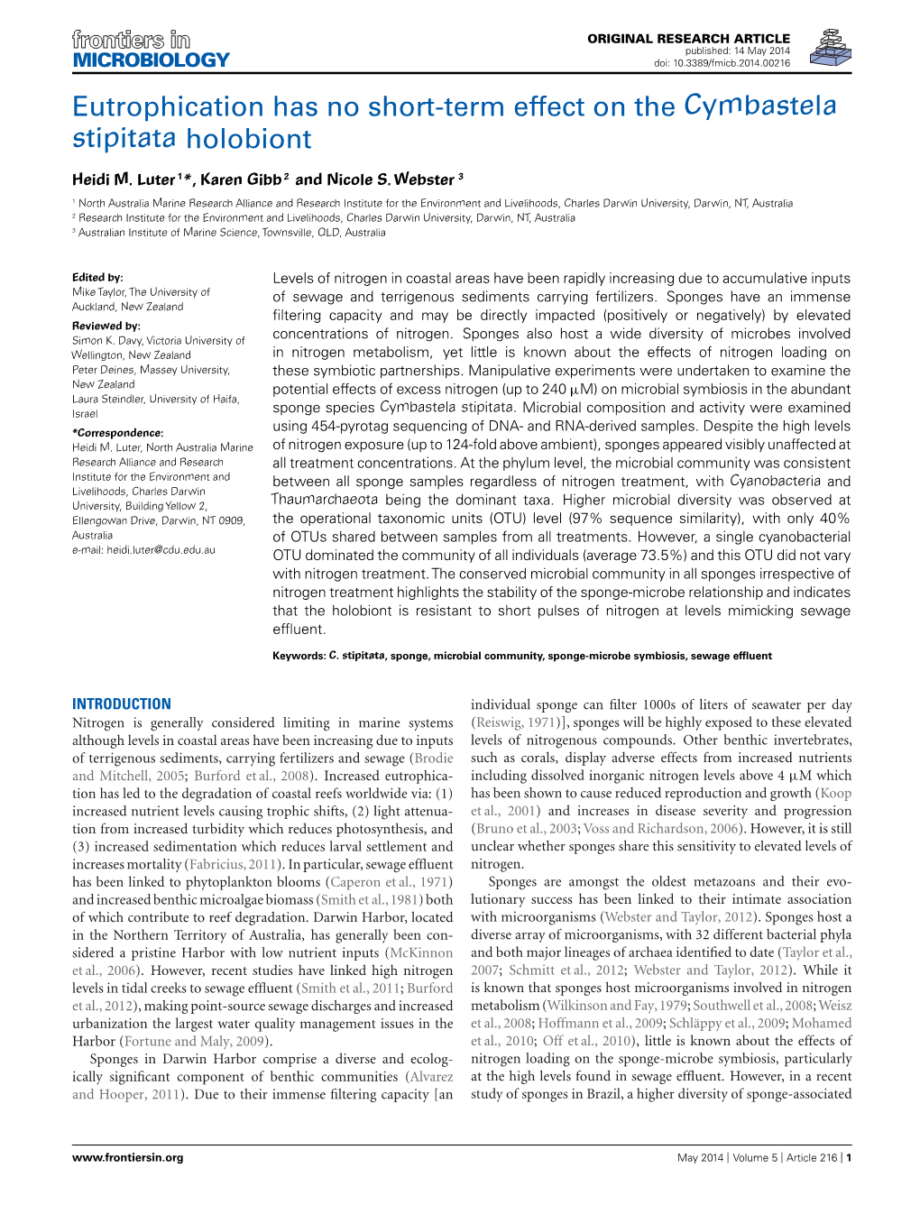 Eutrophication Has No Short-Term Effect on the Cymbastela Stipitata Holobiont