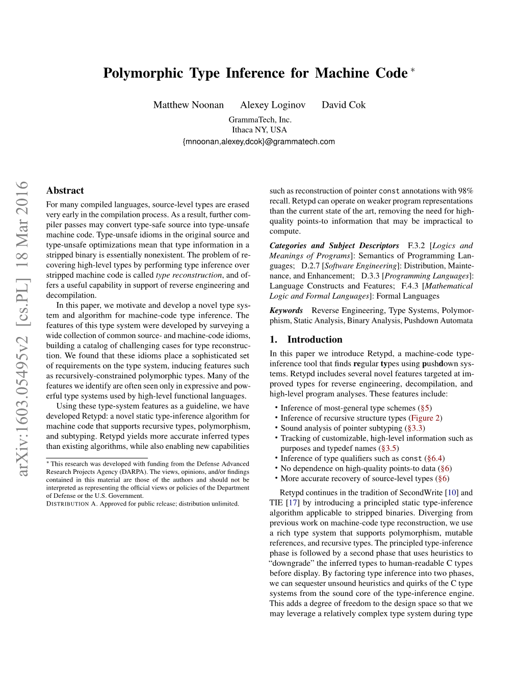 Polymorphic Type Inference for Machine Code ∗