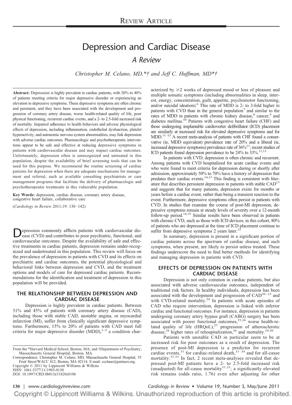 Depression and Cardiac Disease a Review