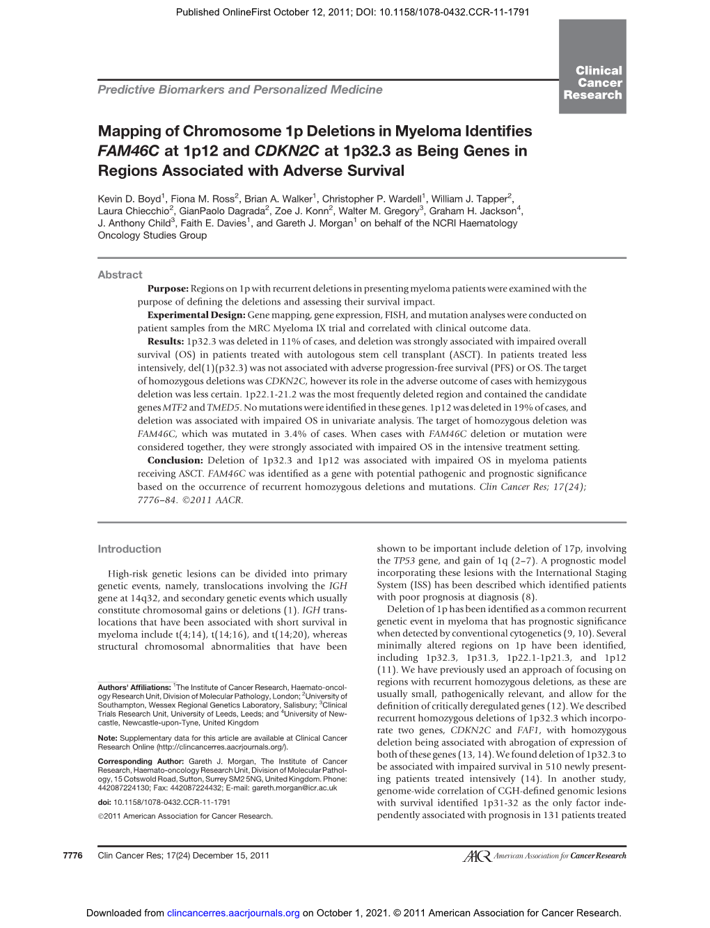 Mapping of Chromosome 1P Deletions in Myeloma Identifies FAM46C at 1P12 and CDKN2C at 1P32.3 As Being Genes in Regions Associated with Adverse Survival