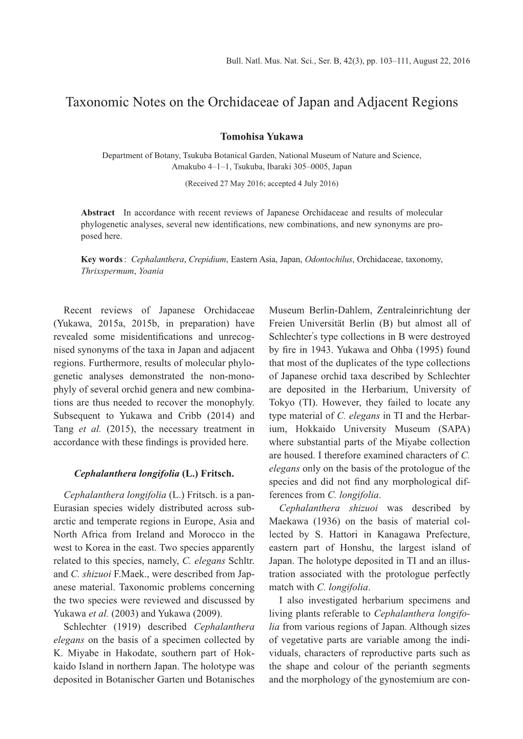 Taxonomic Notes on the Orchidaceae of Japan and Adjacent Regions